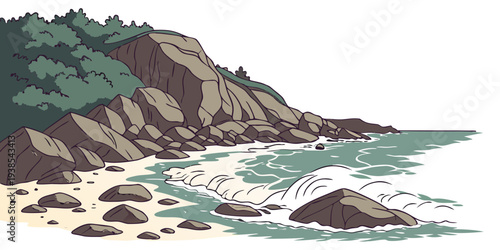 A serene beach scene with a large rock formation Vector