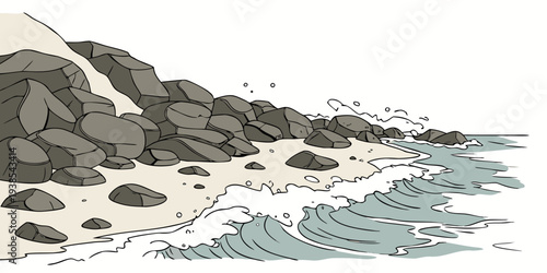 A rocky beach with waves crashing on the shore Vector