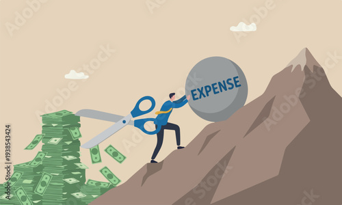 Cut bills reduce control cash flow concept, businessman using big scissors to cut pile of bills and expense