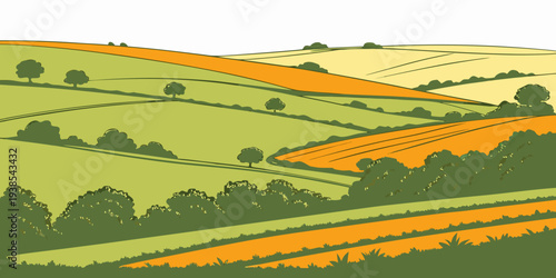 A serene landscape with rolling hills and trees Vector