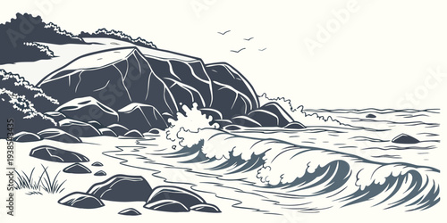 A black and white drawing of a mountain range by the sea Vector