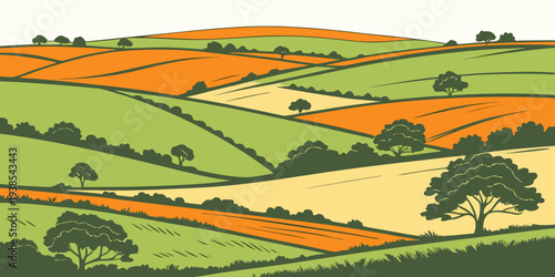 A colorful illustration of rolling hills and fields Vector