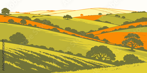 A serene landscape with rolling hills and trees Vector