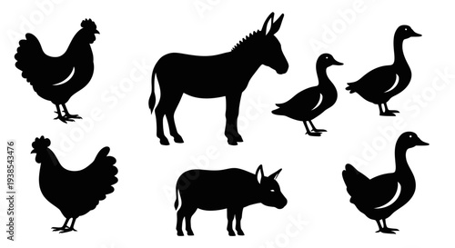 Silhouettes of farm animals including chickens, donkeys, and geese on white background