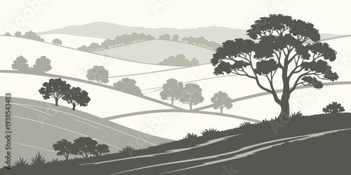 A serene landscape with rolling hills and trees Vector