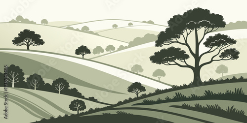 A serene landscape with rolling hills and trees Vector