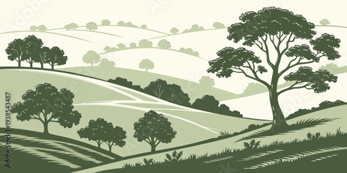 A serene landscape with trees on rolling hills Vector