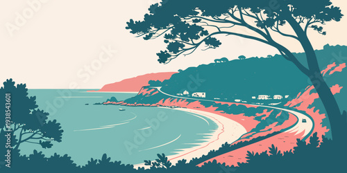 A scenic road winds along the coastline Vector
