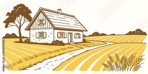 A house in a rural setting with a field and tree Vector