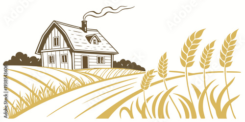 A house in a rural setting with fields of wheat Vector