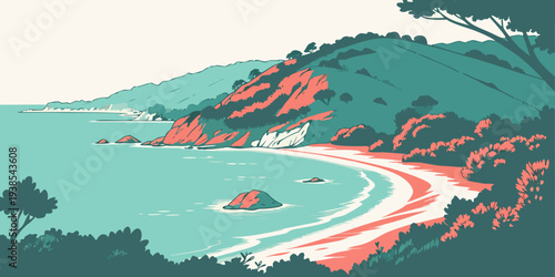 A scenic view of a coastline with a winding road Vector