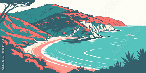 A scenic coastal road with a tree on a hill Vector