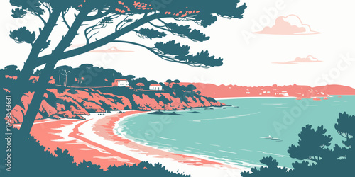 A serene beach scene with a tree and a body of water Vector