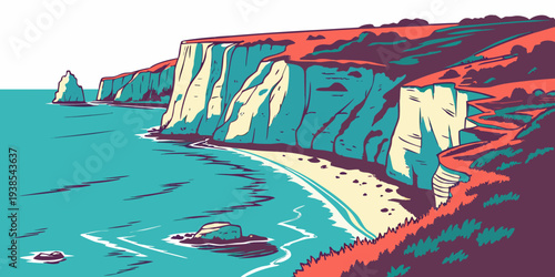 A colorful illustration of a cliffside beach Vector