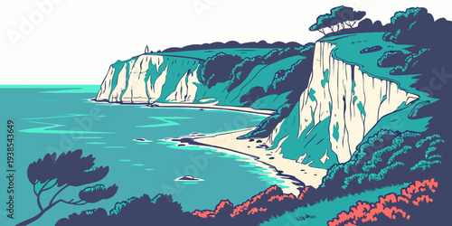 A pixel art illustration of a cliffside by the ocean Vector