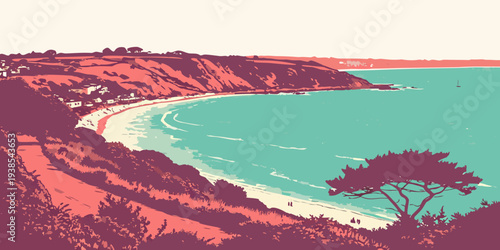 A serene coastal landscape with a tree on a hill overlooking the ocean Vector