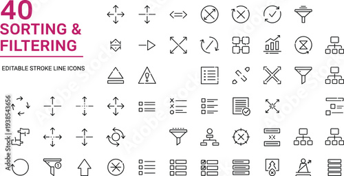 Sorting and filtering line icon set featuring arrows, filter funnel, list options, hierarchy structure and interface controls for data management, user interface and navigation systems.