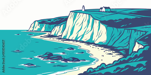 A scenic cliffside by the ocean with a sandy beach Vector