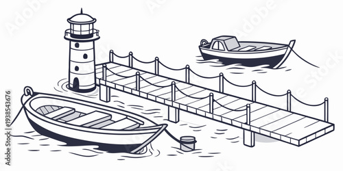 A small boat is docked at a pier with a lighthouse Vector