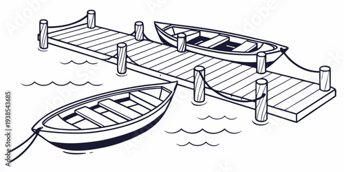 A small boat is tied to a dock with a larger dock in the background Vector