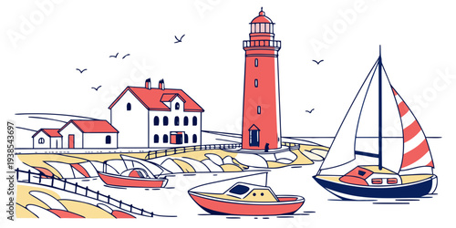 A lighthouse and boats in a harbor on a sunny day Vector