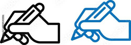 Simple hand signing contract with pen graphic icon illustration in black and blue logo template on white background