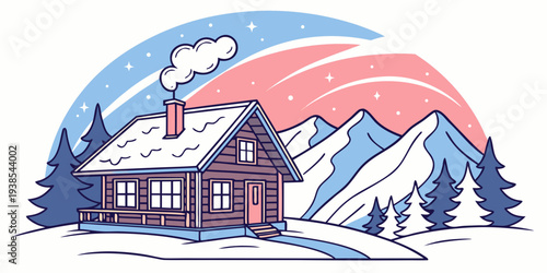 A house in the snow with mountains in the background Vector