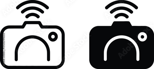 Simple black and white camera icons with wifi symbol above them representing wireless connectivity and modern technology.