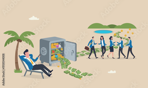 Passive, pigg bank investment or stock dividend and profit to be financial freedom concept, relax businessman open safe with wealthy treasure inside and money coins walking