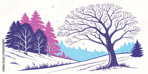 A winter scene with trees and snow on the ground Vector