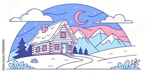 A house in the snow with mountains in the background Vector