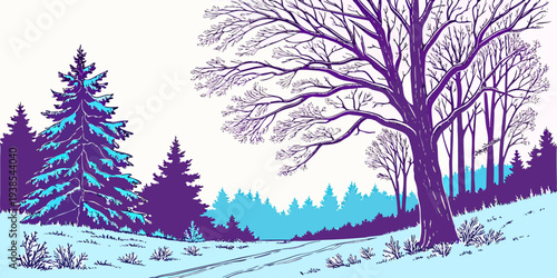 A purple and blue pixelated image of a snowy forest with trees Vector