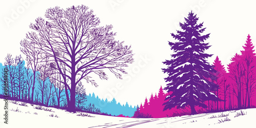 A colorful illustration of trees on a snowy hill Vector