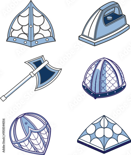 Isometric Medieval Fantasy Icon Set, Blue Geometric Vector Illustrations of Helmets, Axe, and Architectural Elements