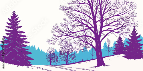 A purple and blue graphic of trees on a snowy hill Vector