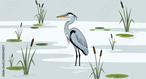 Great blue heron standing in a serene marsh with lily pads