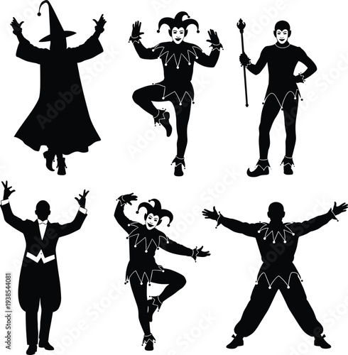 Fantasy costume silhouettes, wizard, jester, magician poses, theatrical icons, expressive stance, black vector set, character design, stage illustration