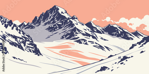 A pixel art image of a snowy mountain range with a pink sky Vector
