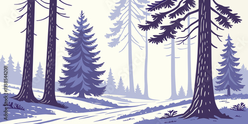 A serene winter forest scene with tall trees and snow on the ground Vector