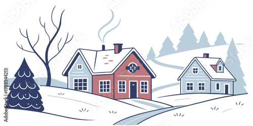 A winter scene with houses and trees covered in snow Vector