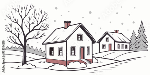 A black and white drawing of two houses in the snow Vector