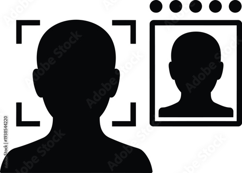 Modern silhouette profile matching technology identifying a person beside a framed placeholder image on a clean white background for seamless identity verification.