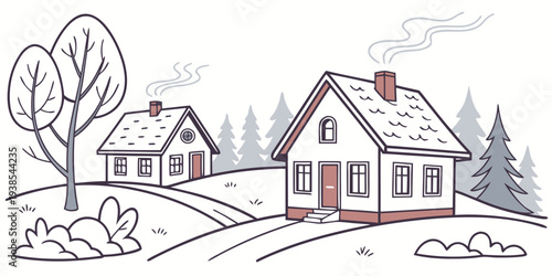 A drawing of two houses on a snowy hill Vector