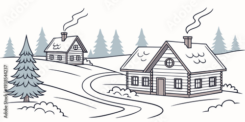 A snowy landscape with two houses and a tree Vector
