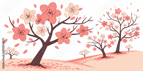 A serene landscape of blooming cherry blossom trees on a hill Vector