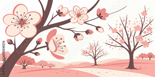 A serene landscape with blooming cherry blossoms Vector