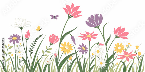 A colorful floral border with various flowers and a butterfly Vector