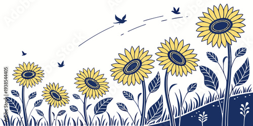 A blue and yellow illustration of sunflowers and birds Vector