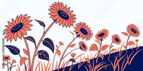 A group of orange flowers on a blue hill Vector