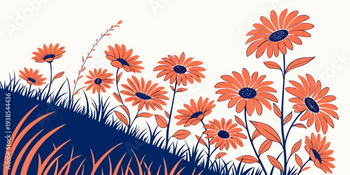 A group of orange flowers on a hill side Vector